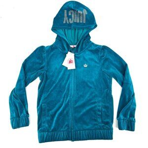 NWT Juicy Couture Velour Hoodie‎ Spellout JUICY on Hood Teal Peacock Size L
